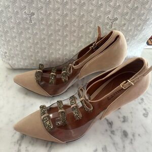 Schutz suede heels with crystal bows